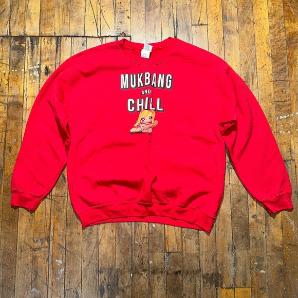 Gildan Tops - Mukbang and Chill Gildan Sweatshirt Women's L Red Fleece Lined Graphic Pullover